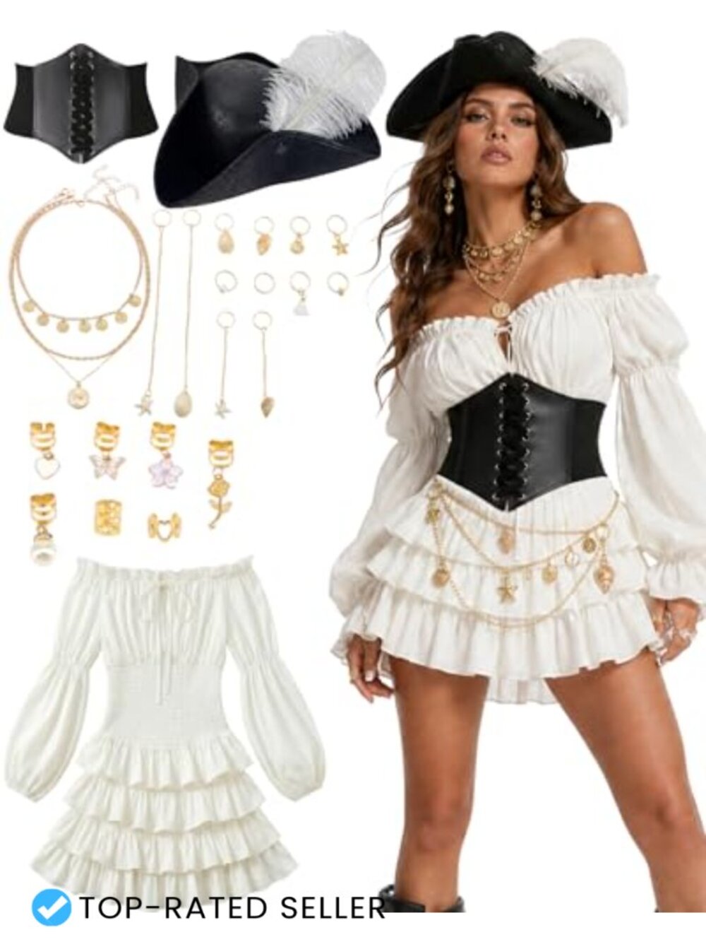 Pirate Costume Women 7 Pc Renaissance Medieval Dress Corset Hat Set